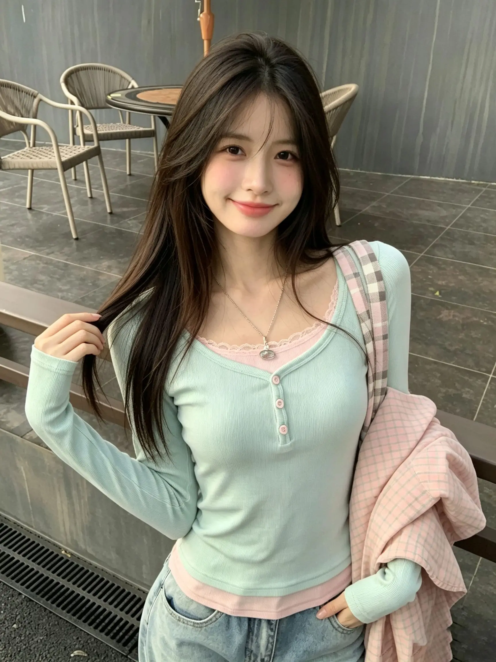 Korean Style Early Autumn Long Sleeve T-Shirt Women's Slim Fit Lace Trim Color Block Casual Top City Walk Daily Wear