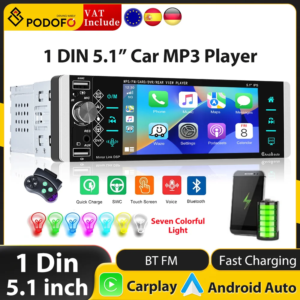 Podofo 1 Din 5.1'' Car MP5 Radio Video Player Bluetooth 4.2 Autoradio FM AUX USB SD DVR with Carplay AndroidAuto Car Multimedia