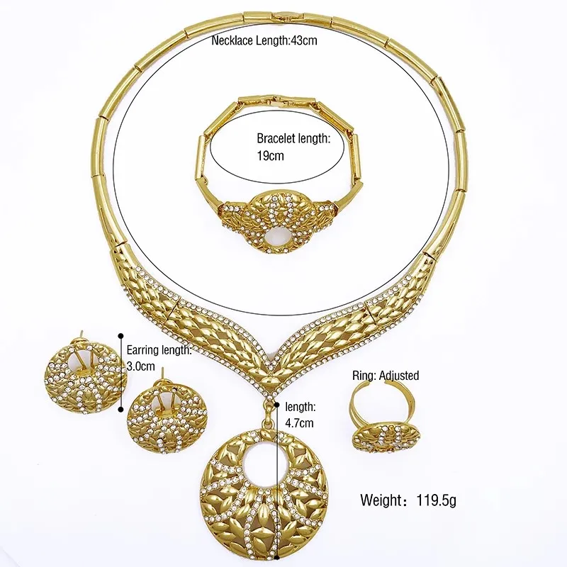 Women's Jewelry Set 18K Gold Plated Dubai Fashion Jewelry Necklace Earring Bracelet And Ring Classic  Design Wedding Party Gift