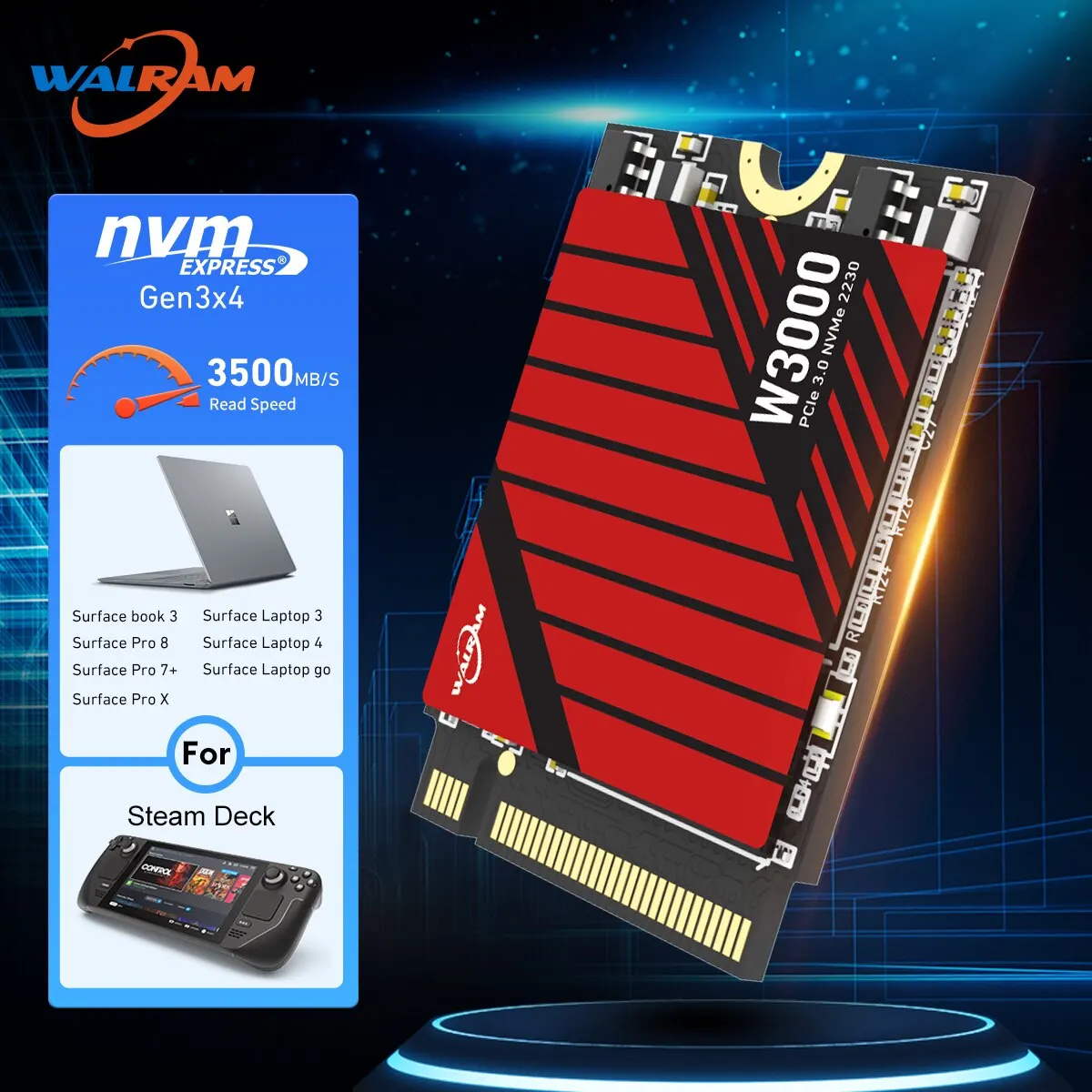 WALRAM M.2 NVMe SSD 1TB 512GB 3500M/S 2230 PCIe3.0x4 Internal Solid State Drive for Microsoft Surface Pro 7+8 Steam Deck 3.3V 3A