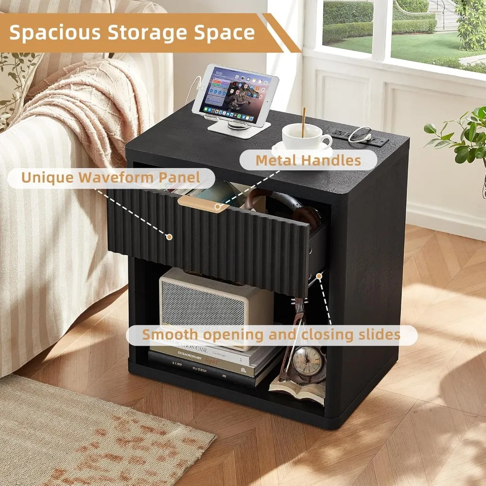 منضدة مزرعة مزدوجة مخددة مع محطة شحن، وطاولات نهاية ذات درج عريض 23 بوصة، وخزانة غرفة نوم سوداء ومجموعة سرير