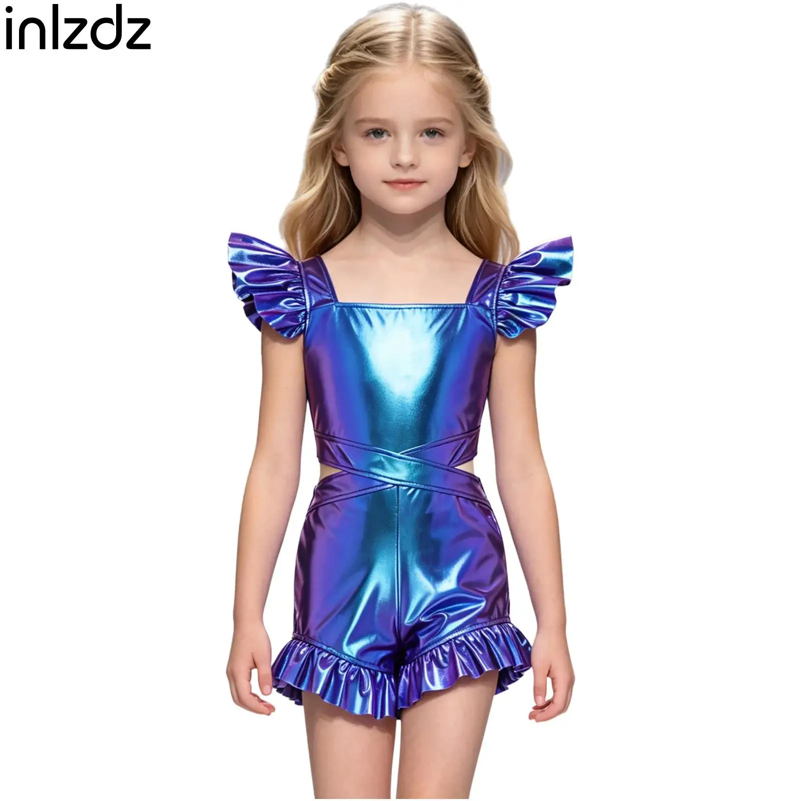

Kids Girls Jazz Disco Dance Pageant Party Clothing Hollow Out Waist Boyshorts with Ruffled Trims Bodysuit Jumpsuit Streetwear