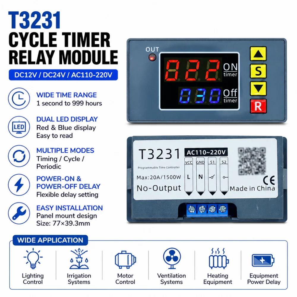 DC 12V 24V AC 110 220V Digital Time Delay Relay Module Cycle Delay Timer Red Blue Dual LED Display Timing Relay Switch for Car