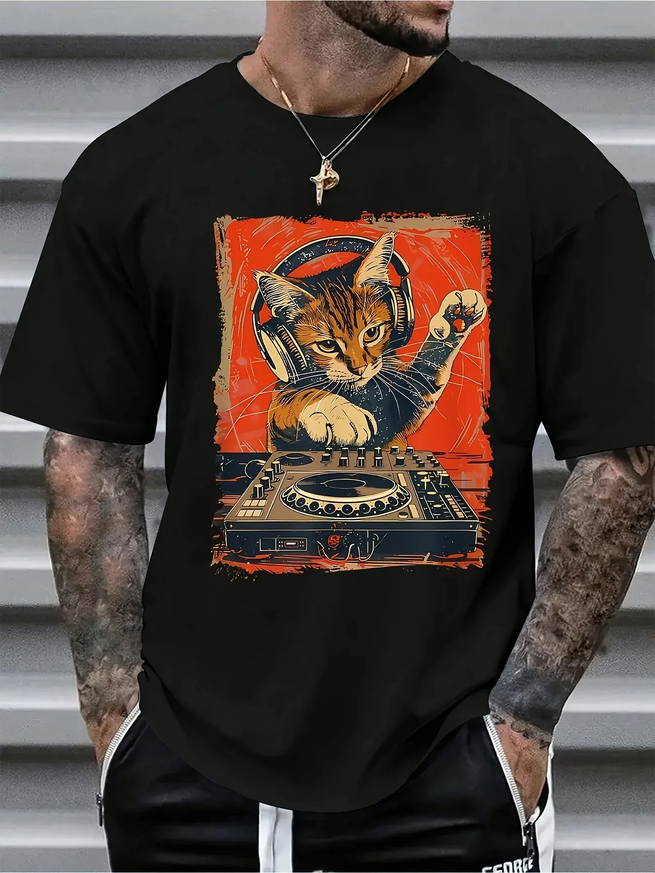 Men's Retro Cat DJ Graphic T-Shirt Heavyweight Tee with DJ Cat and Vinyl Record Design  Breathable All-Season Comfort  S-XXXXL