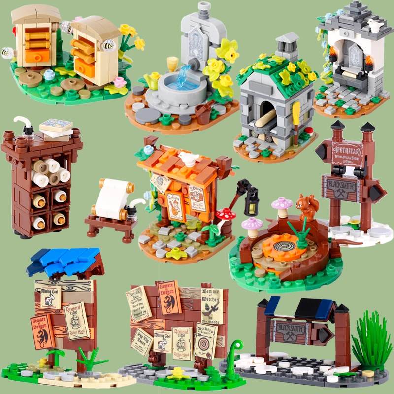 Medieval Castle Knight Scene Figures Building Blocks Paper Bulletin Board Garden Pool Tree Stump MOC Accessory Bricks Kids Gifts