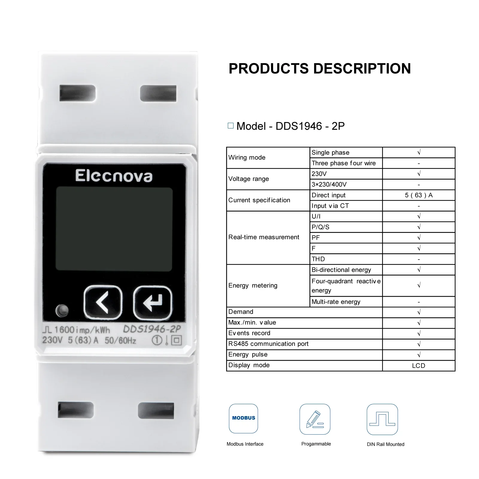 Energy KWh Meter Solar Power 1 Phase RS485 Modbus-RTU DIN Rail Digital LCD Electricity Consumption Monitor Multimeter DDS1946-2P