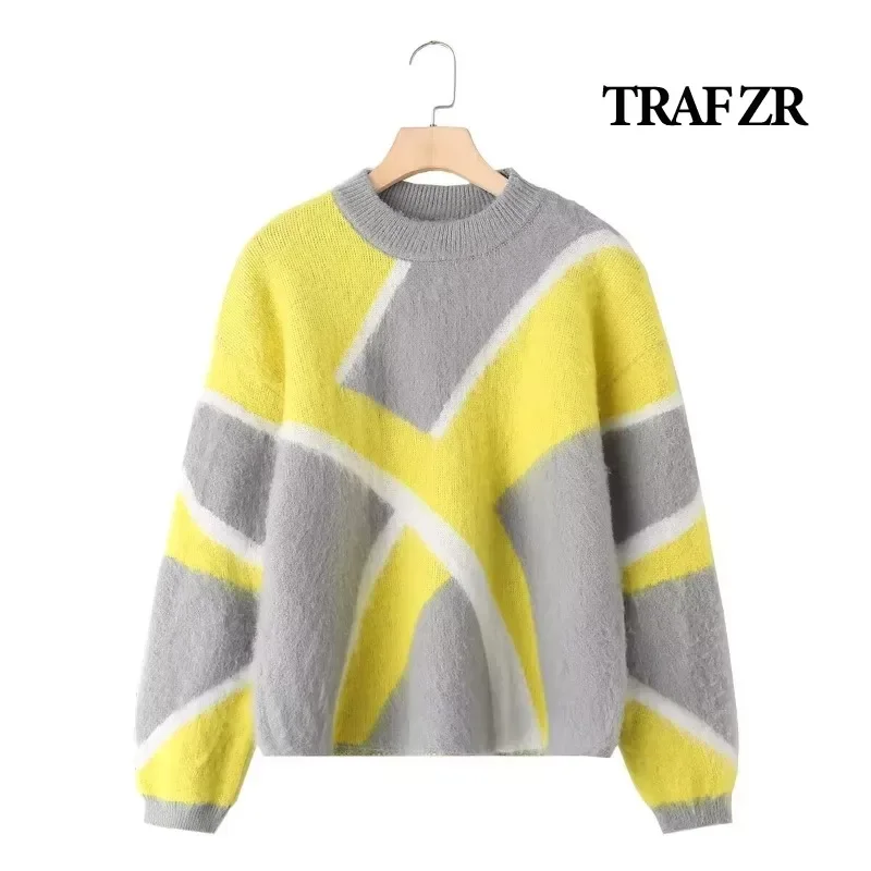 TRAF ZR Round Neck Pullover Y2k Spliced Women\'s Winter Sweater Knitwear Wool Outerwear hearling Luxury Cashmere Sweater Korean