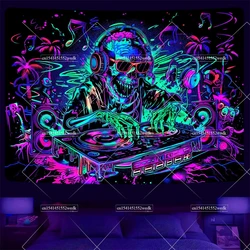 Skull Blacklight Tapestry UV Reactive Trippy Hip Hop DJ Skeleton Tapestry Neon Wall Hanging Room Decor Aesthetic Party Backdrops