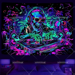 Permadani Blacklight Tengkorak Permadani Kerangka DJ Hip Hop Trippy Reaktif UV Dekorasi Kamar Hiasan Dinding Neon Latar Belakang Pesta Estetika 8 permadani tengkorak penjualan terbaik - №