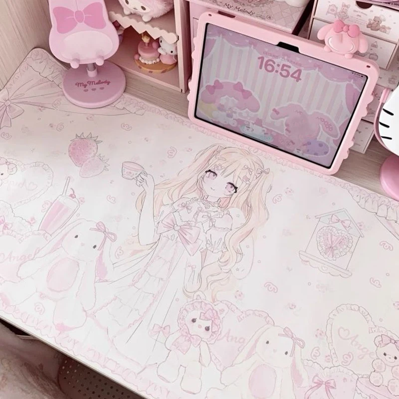 PU Leather Mouse Pad Anime Pink Girl Strawberry Bunny Coffee Mouse Pad Office Desk Mat Waterproof Non-Slip PU Desk Blotter Pad