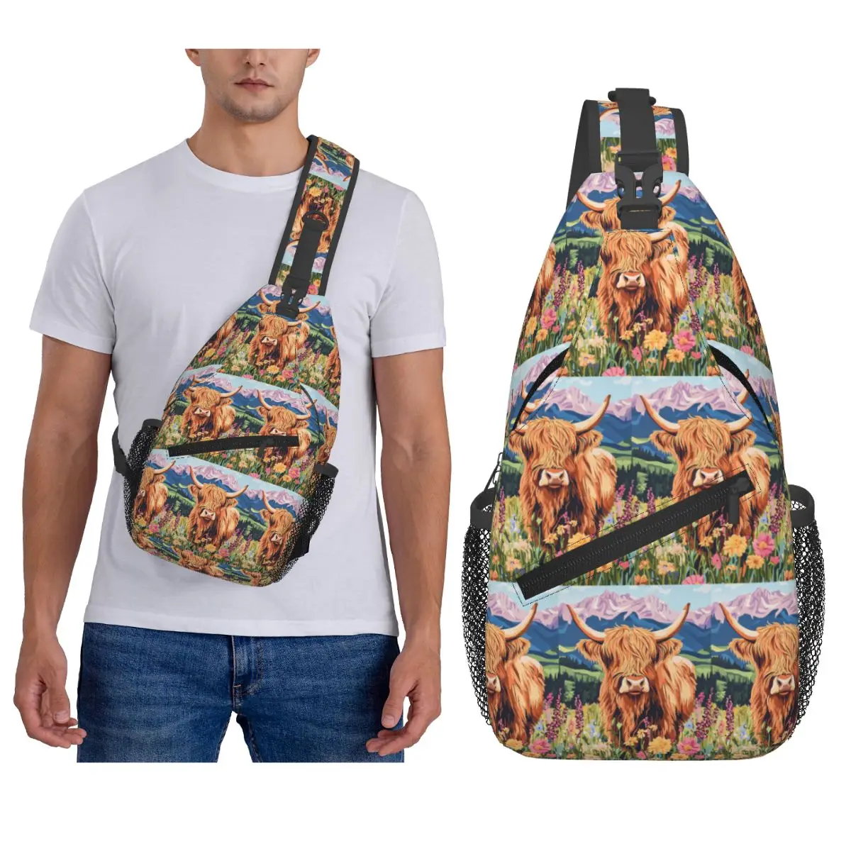 

Highland Cow Print Scottish Chest Bag Men Sling Crossbody Backpack Chest Bag Travel Hiking Daypack Shoulder Bag
