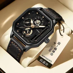 Men's Trend Square Leather Watch Black Tech Student British Style 2023 New Quartz WristWatch Luxury Jewelry Gift Wholesale