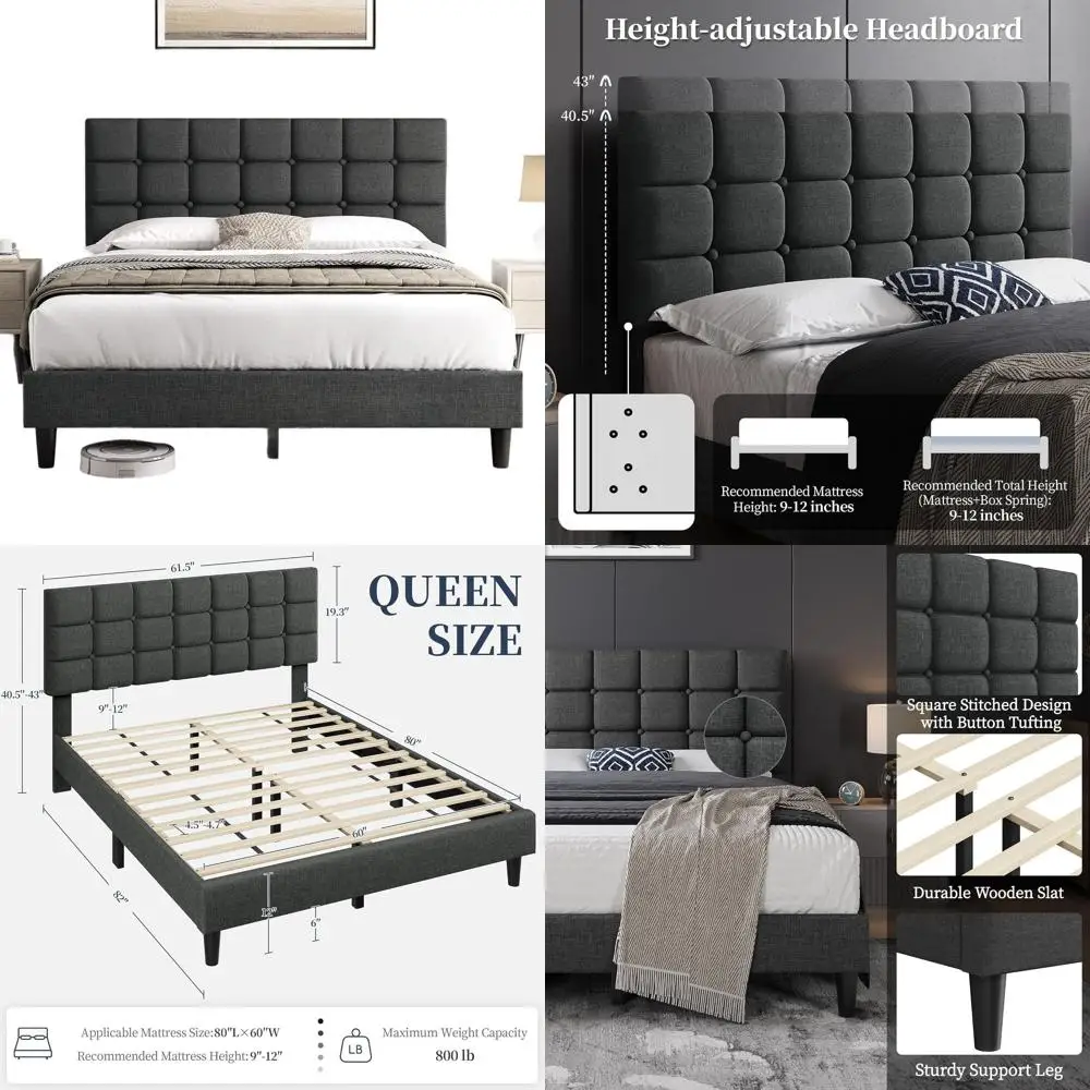 Modern Queen Upholstered Bed with Adjustable Height, Square Stitch Headboard, Wooden Slat Support, No Box Spring Needed, Dark Gr