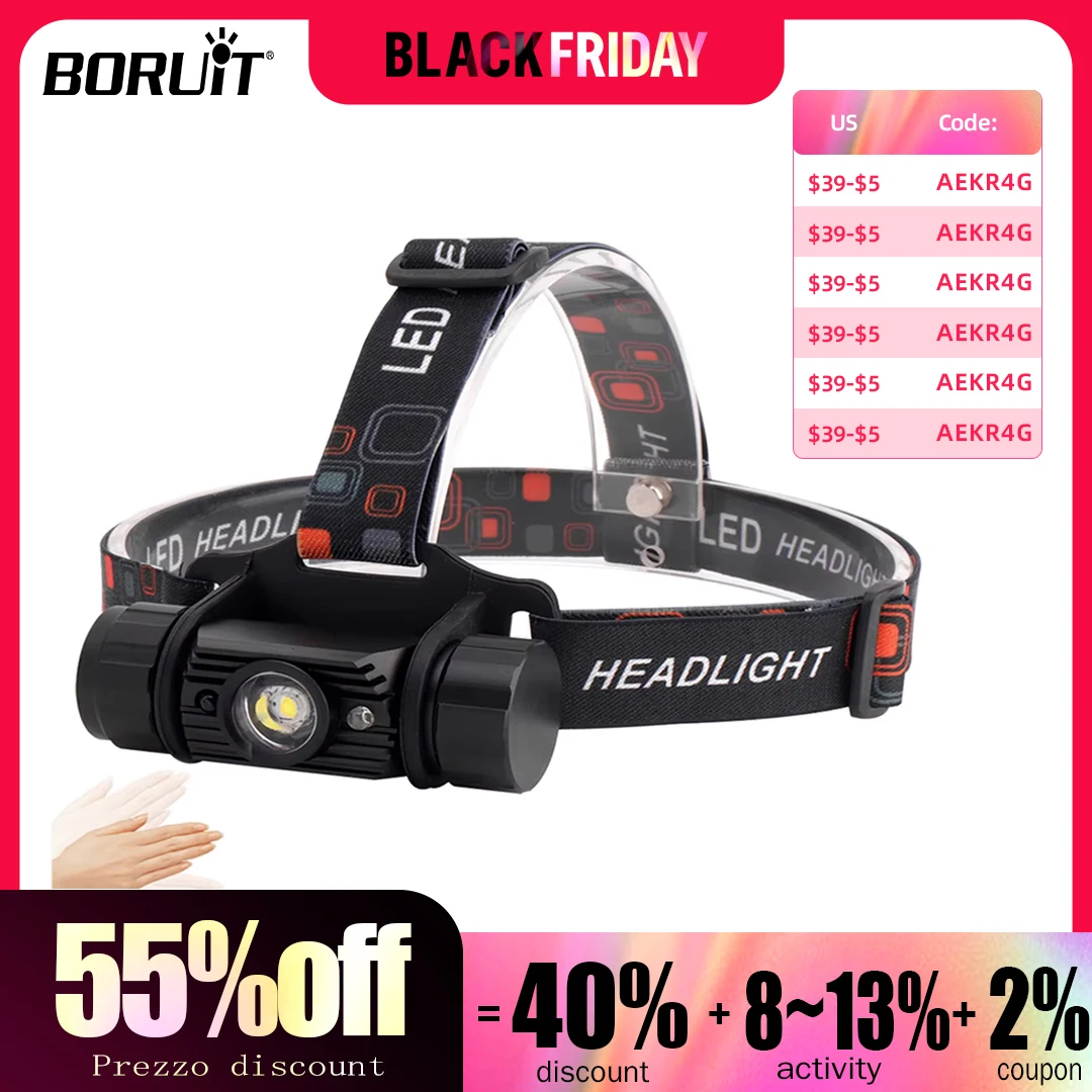 BORUiT IR Sensor LED Headlamp 18650Battery USB Rechargeable Headlight Waterproof Work Torch Fishing Camping Head Flashlight