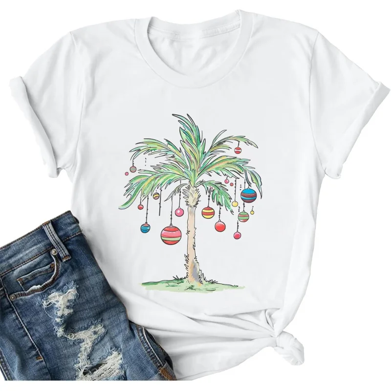 

Christmas Shirts Women Palm Tree T-Shirt Summer Beach Party Shirt Funny Hawaii Vacation Short Sleeve Tops