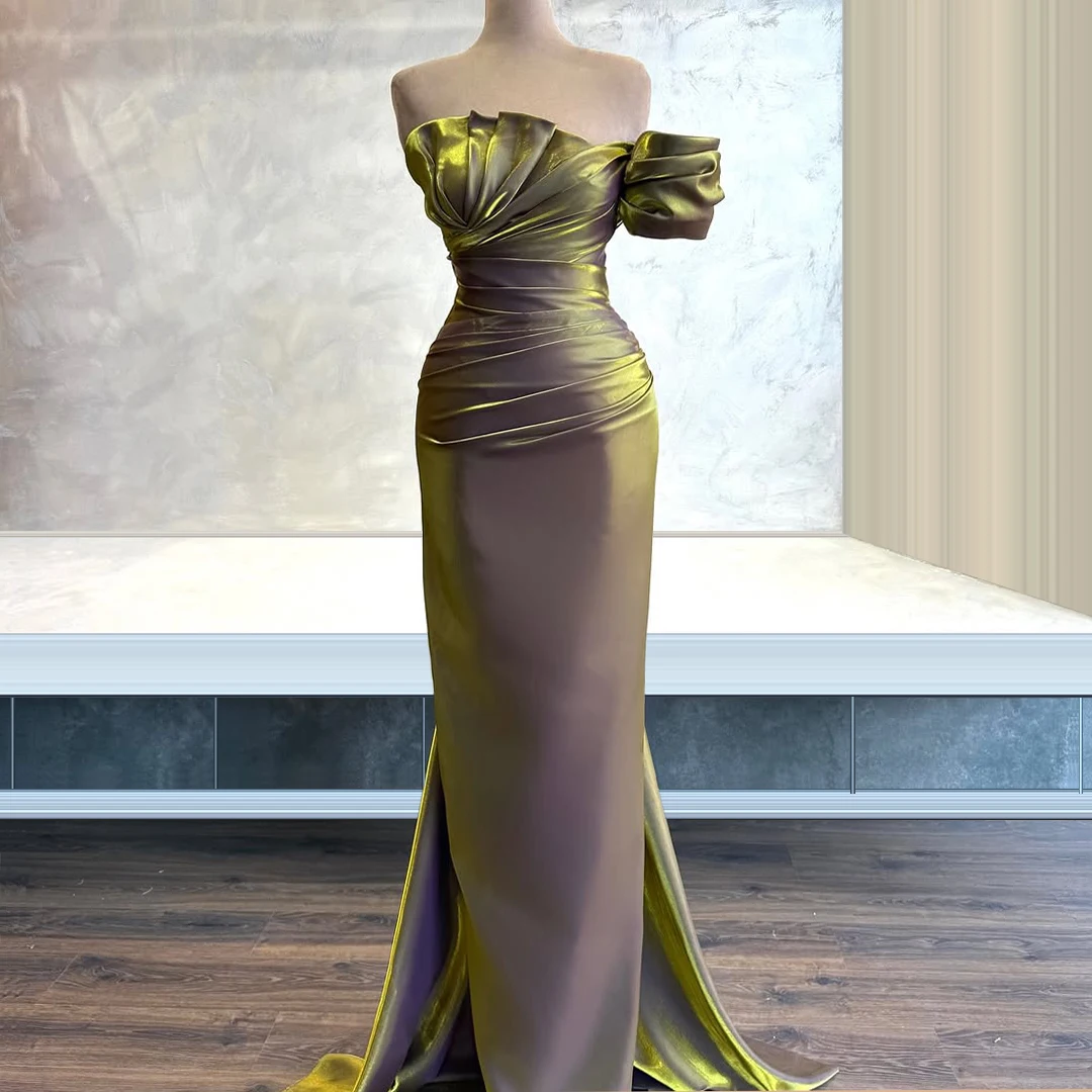 Green Satin Mermaid Evening Dress Elegant Strapless One-Shoulder Prom Dress Simple Birthday Party Dress Customized