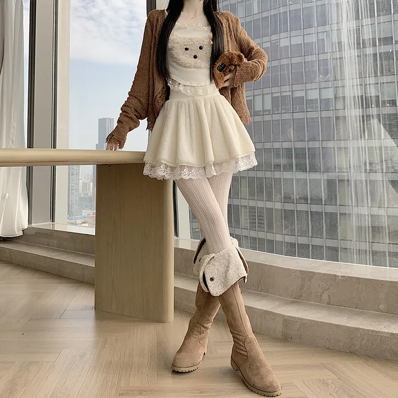 Kawaii Zoete Ruches Rok Vrouwen 2023 Herfst Winter Y2k Harajuku Kant Patchwork Pluche Korte Rok Japanse Mini Faldas Gothic Nieuwe