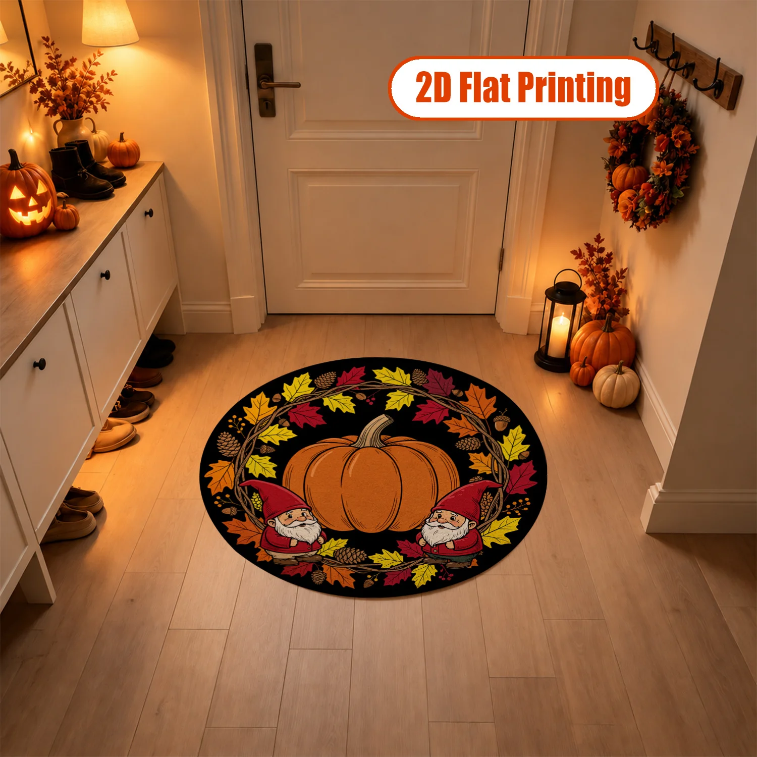 Autumn Gnome Pumpkin Wreath Round Velvet Area Rug, Machine Washable Cozy Floor Mat, Stable Positioning, Suitable for Living Room Entryway Dining Room Kitchen, Halloween Thanksgiving Christmas New Year Home Decor