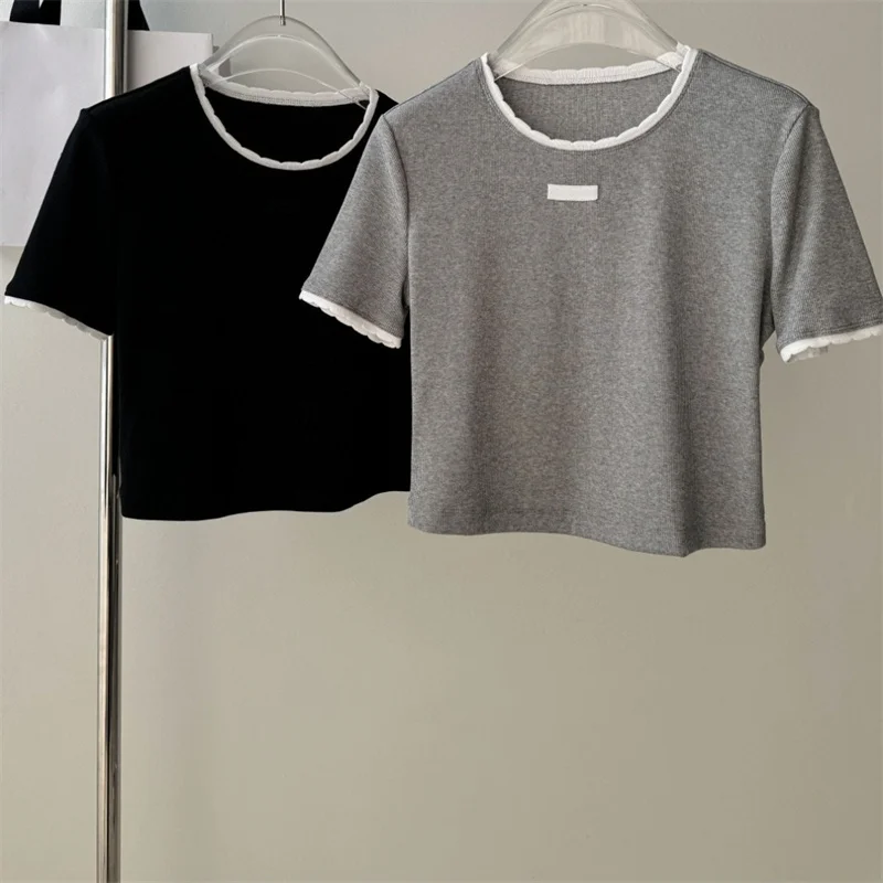 T-shirt Short Sleeve U930693 Round Neck Women Khaki Color Soft T Shit Cloth Spring Summer Runway Streetwear Elegant Elastic Knit