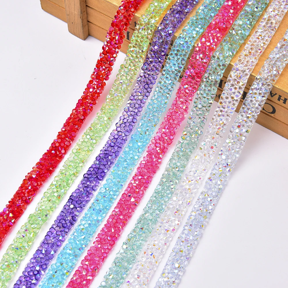 1 Yard 10mm green Multicolor Hot Fix Rhinestiones Chain Tape Resin Crystal Trimming Diy Belt Wedding Dress Garment Craft