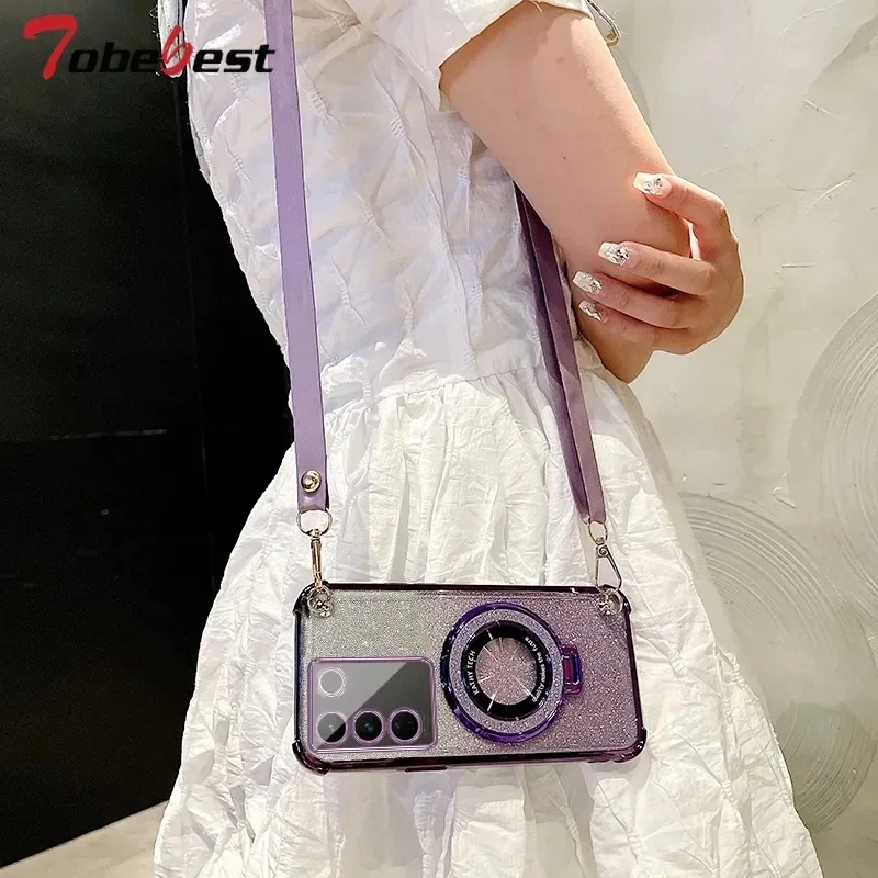 크로스 바디 끈 충격 방지 반짝이 도금 Magsafe 홀더 케이스 삼성 갤럭시 A16 A06 A15 A25 A35 A55 A14 A24 A34 A54 5G