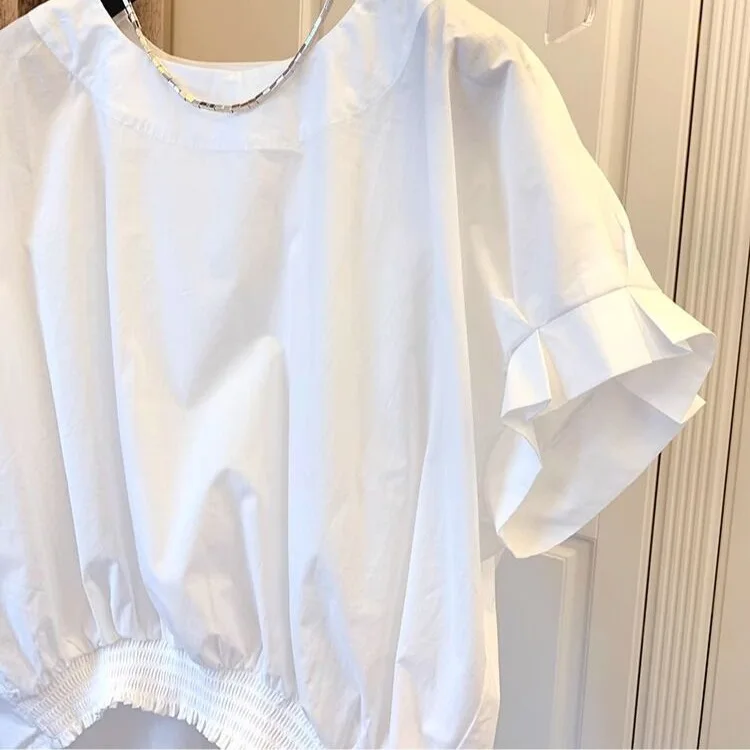 Women Fashion Shirring Hem Blouses 2026 Summer O Neck Short Sleeve Casual Blusas  Stylish Slit Back Solid Shirt Tops