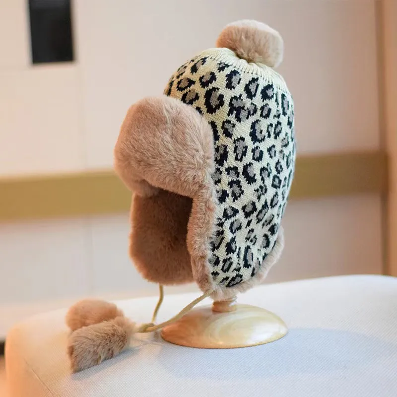 

Leopard print Winter Fur Cap for Women Knitted Cashmere Neck Warm Balaclava Ski Windproof Hat Thick Plush Fluffy Beanies hood
