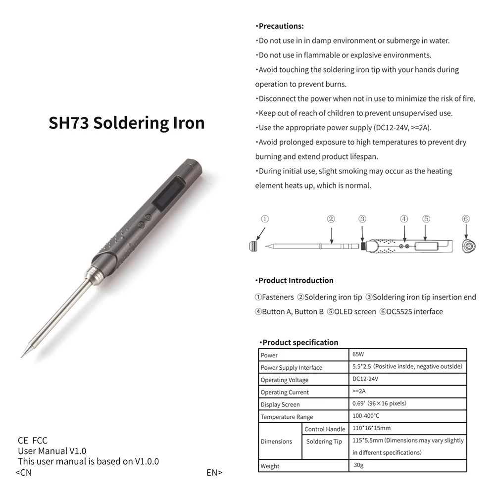 1Pcs DC12-24V SH73 OLED Mini Electric Soldering Iron 65W Adjustable Temperature Portable Solder Welding Station 100-400℃