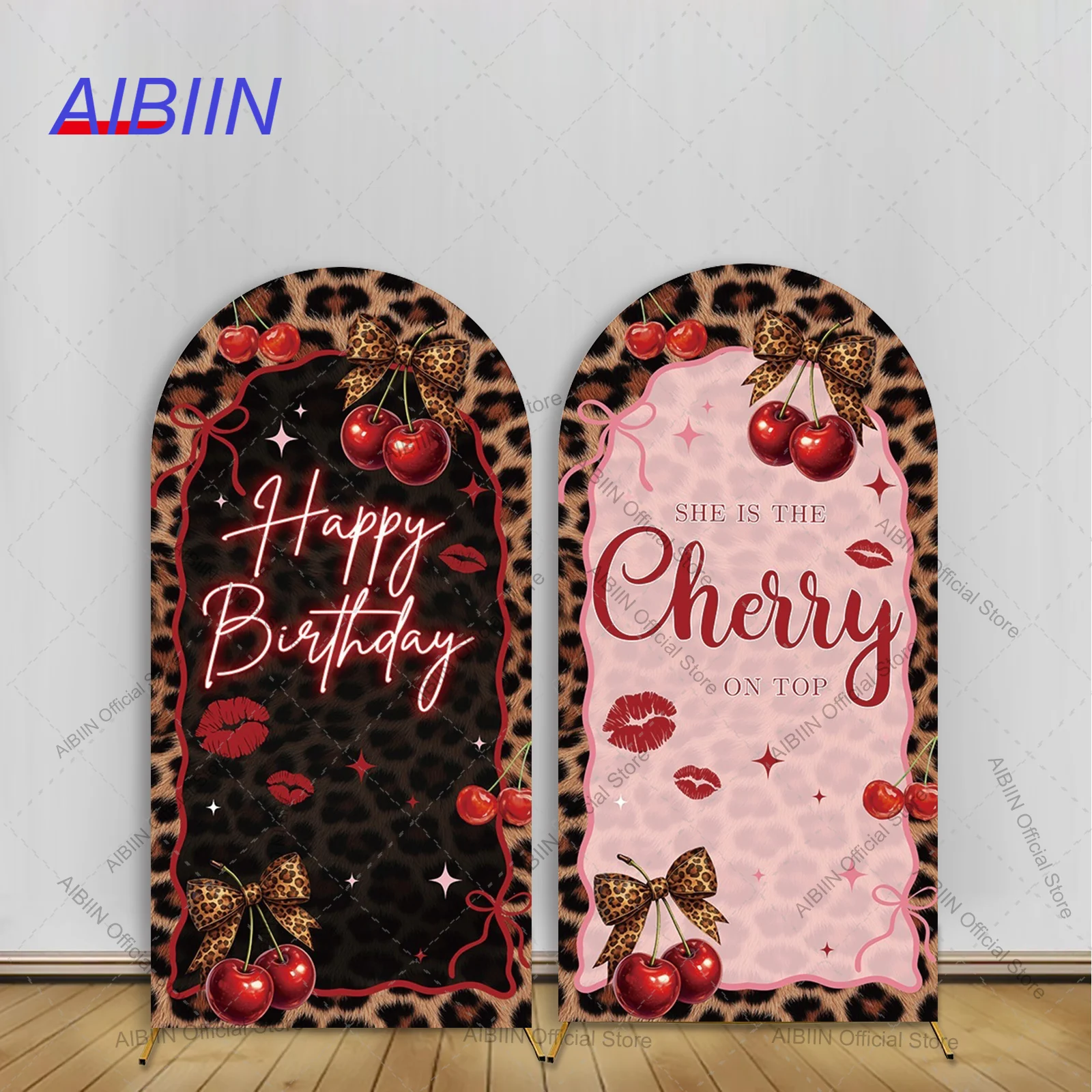 Cheetah Happy Birthday Arch Backdrop Cover Leopard Kiss She is the Cherry On Top Maternity Baby Shower Bachelorette Party Decor