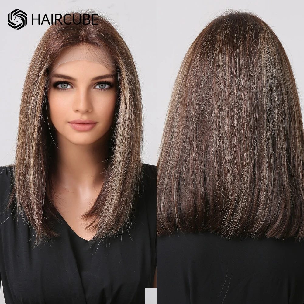 HAIRCUBE Menschliches Haar Perücken Kurze Gerade Bob Perücke für Frauen Braun Blonde Highlight Perücke frauen Medium Länge T Teil spitze Vorne Perücke