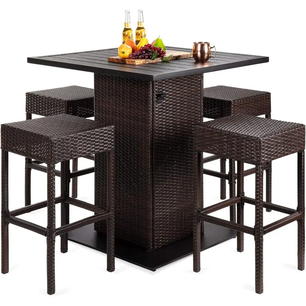 

Brown 5-Piece Outdoor Wicker Bar Set with Bottle Opener, Storage Shelf, Metal Top, and 4 Stools