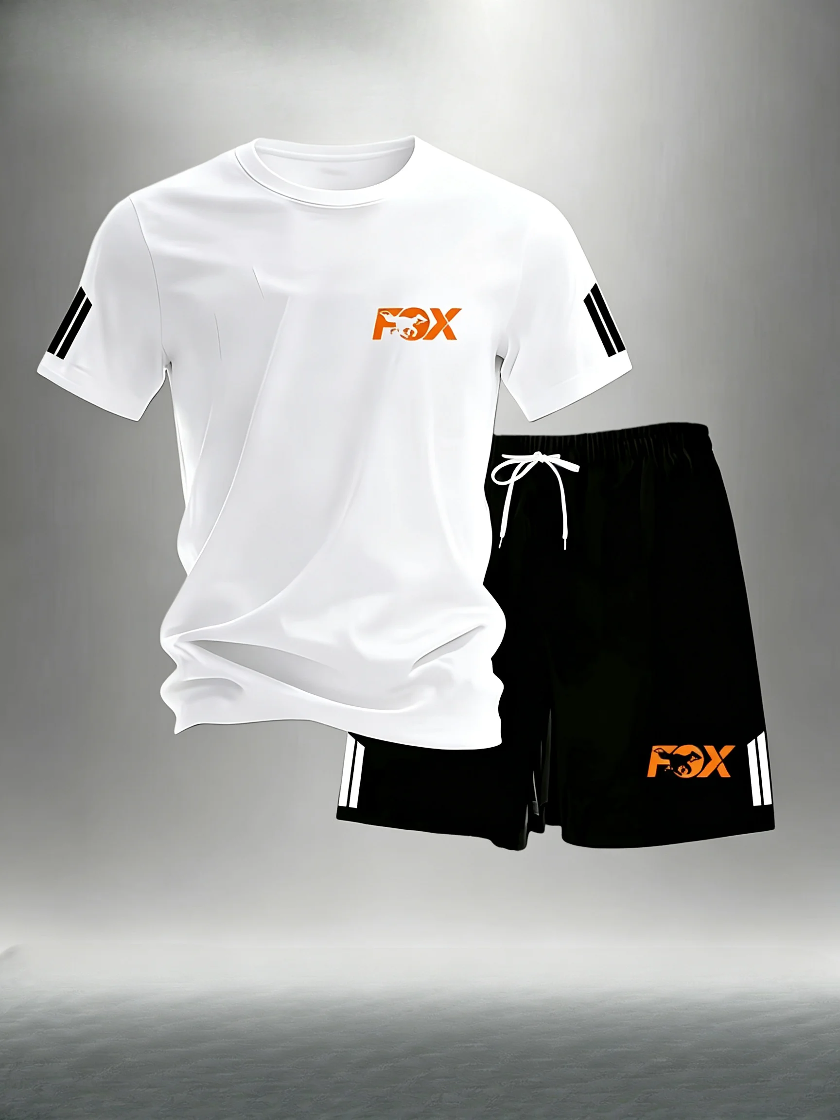 2026 Summer Men FOX Print 2Pcs Sports Suit Short Sleeve Tee + Shorts Casual Fitness Running Training Tracksuit Outfit