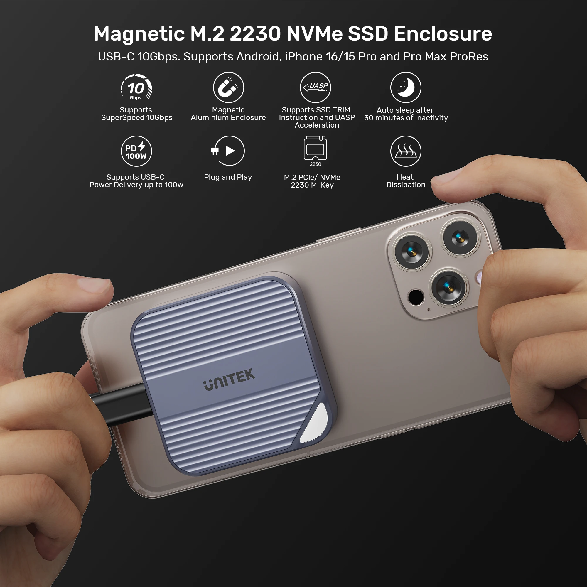 unitek-carcasa-magnetica-para-ssd-nvme-m2-2230-usb-c-de-10-gbps-100-w-pd-magsafe-para-iphone-15-16-17-pro-prores-video-almacenamiento-externo