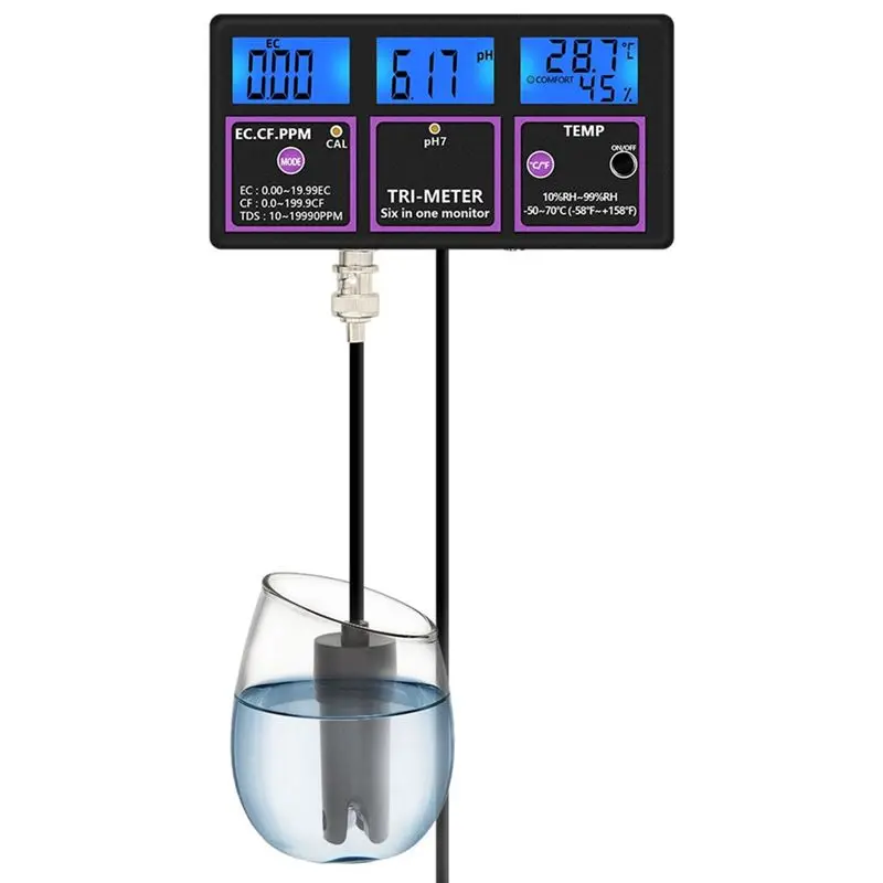 Happy New- PH-116 6 In 1 Water Quality Tester Digital PH Meter PH/Temp/EC/CF/RH/TDS Monitor Water Detector For Pool EU Plug