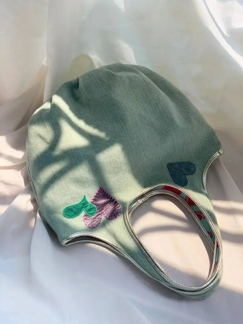 Bloom Heart Beading Y2k Bucket Purse Women Fairy Core Casual Denim Female Haruku Sweet Handle Underarm Bag Aesthetic