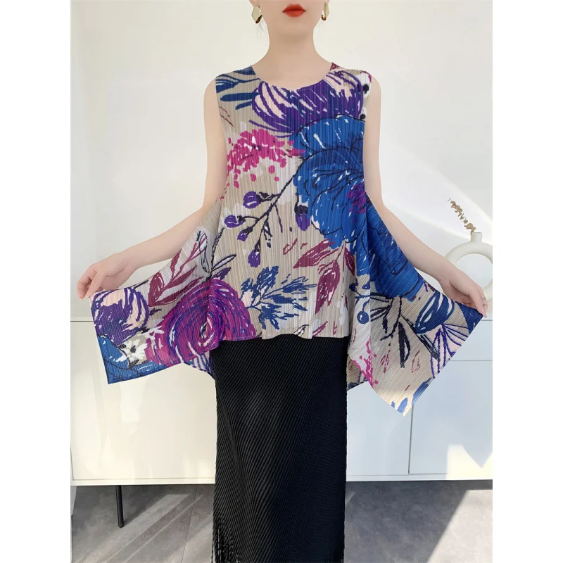 Miyake Damen-High-End-Plissee-T-Shirt mit lockerem und großem Schwungdruck im chinesischen Stil, schlankmachend und vielseitig, Nischendesign[S-1037F]