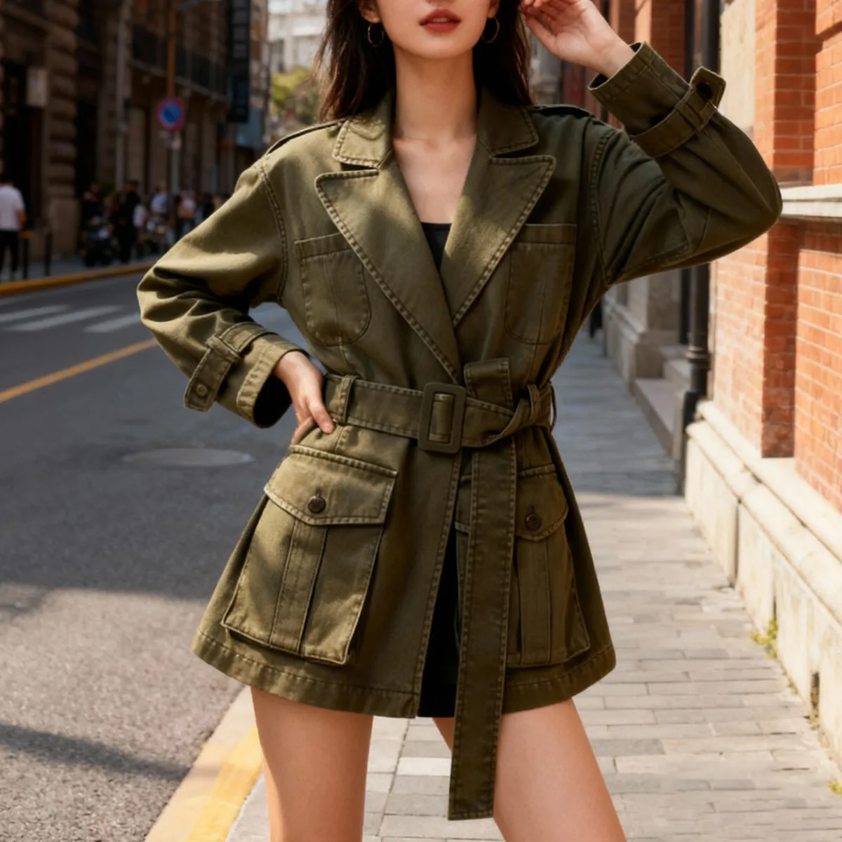 KWTX New 2025 Women's Military Green Denim Jacket Biker Vintage Belted Waist Cargo Lapel Pocket Elegant Outerwear Fall Casual