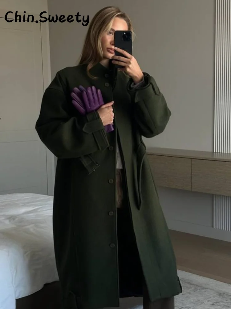 

Street Woolen Long Trench Coat With Belt Women Solid Stand Collar Full Sleeve Single Breasted Overcoats 2026 Spring Lady Outwear