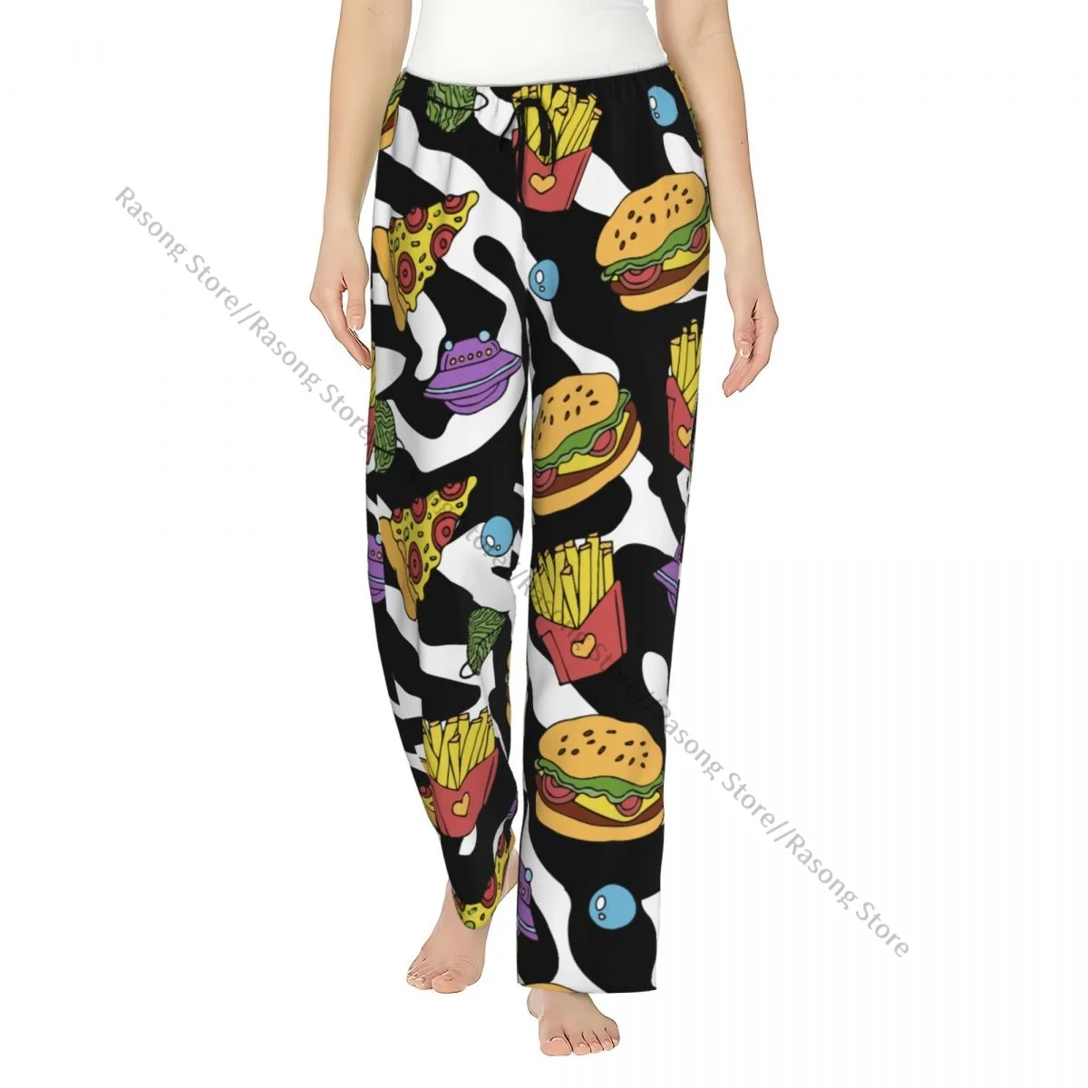 

Теплые женские пижамные штаны, милые фланелевые штаны для сна с изображением пиццы, гамбургера и картофеля флиса 80-х, 90-х годов, зебры, мягкая флисовая одежда для дома