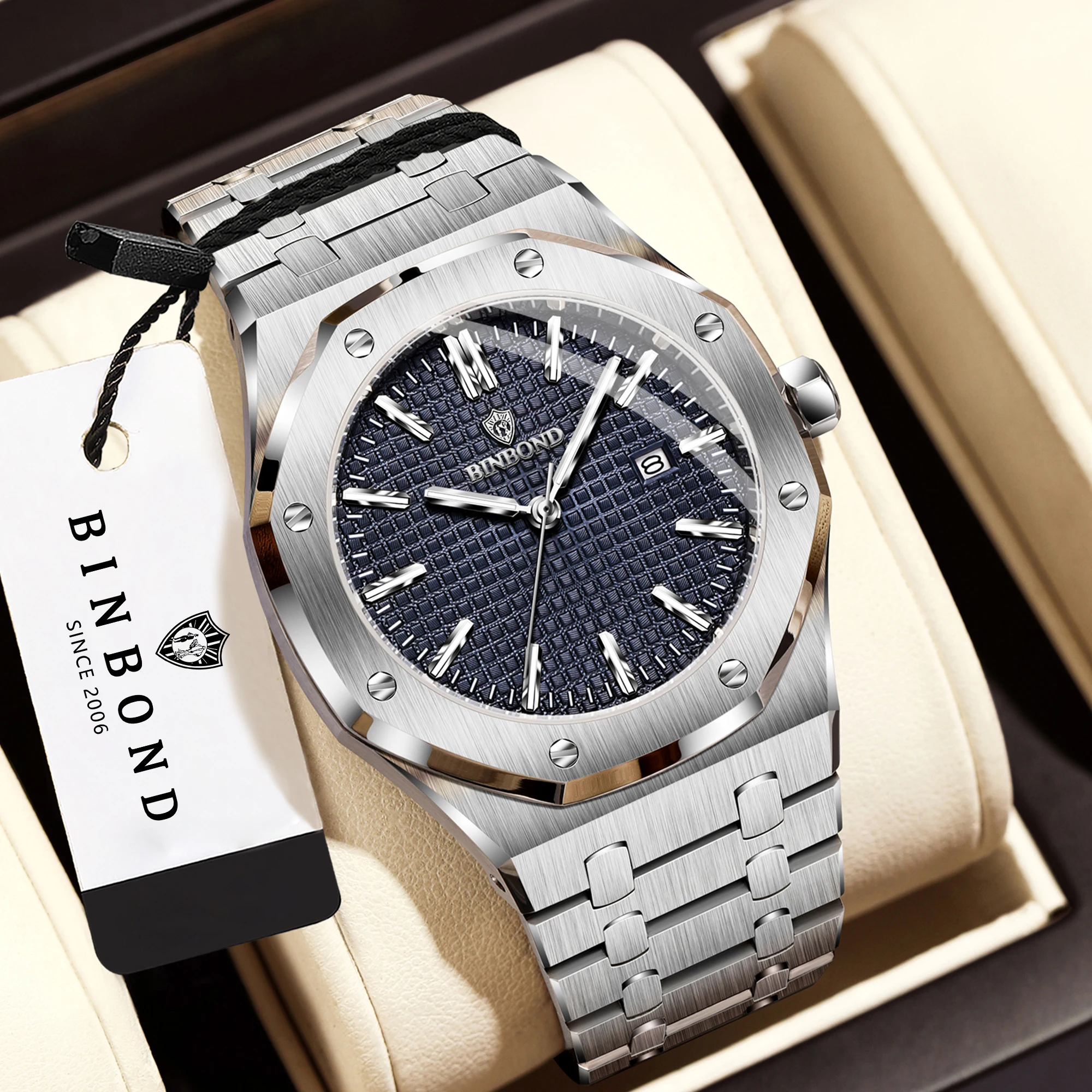 BINBOND Stainless Steel Quartz Wristwatches For Men Luxury Luminous Waterproof Men's Watch Reloj Hombre Original +Gift Box