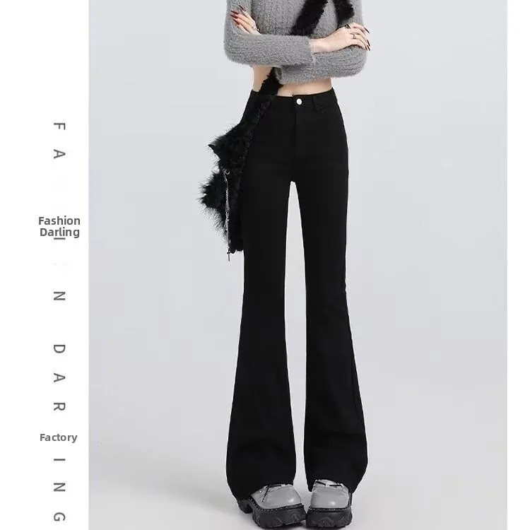 

Джинсы с высокой талией, эластичные, микро-клеш, женские, осенне-зимние, новые, утягивающие, для фигуры типа «груша», брюки-клеш, хлопок, полиэстер