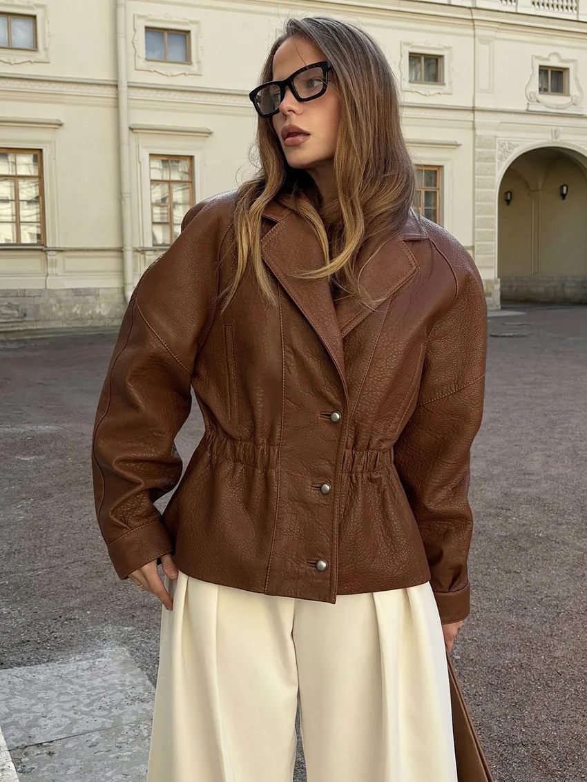 Autumn Winter New Arrival Elegant Lapel Waist-Defined PU Leather Jacket Women Fashion Retro Brown Leather Coat