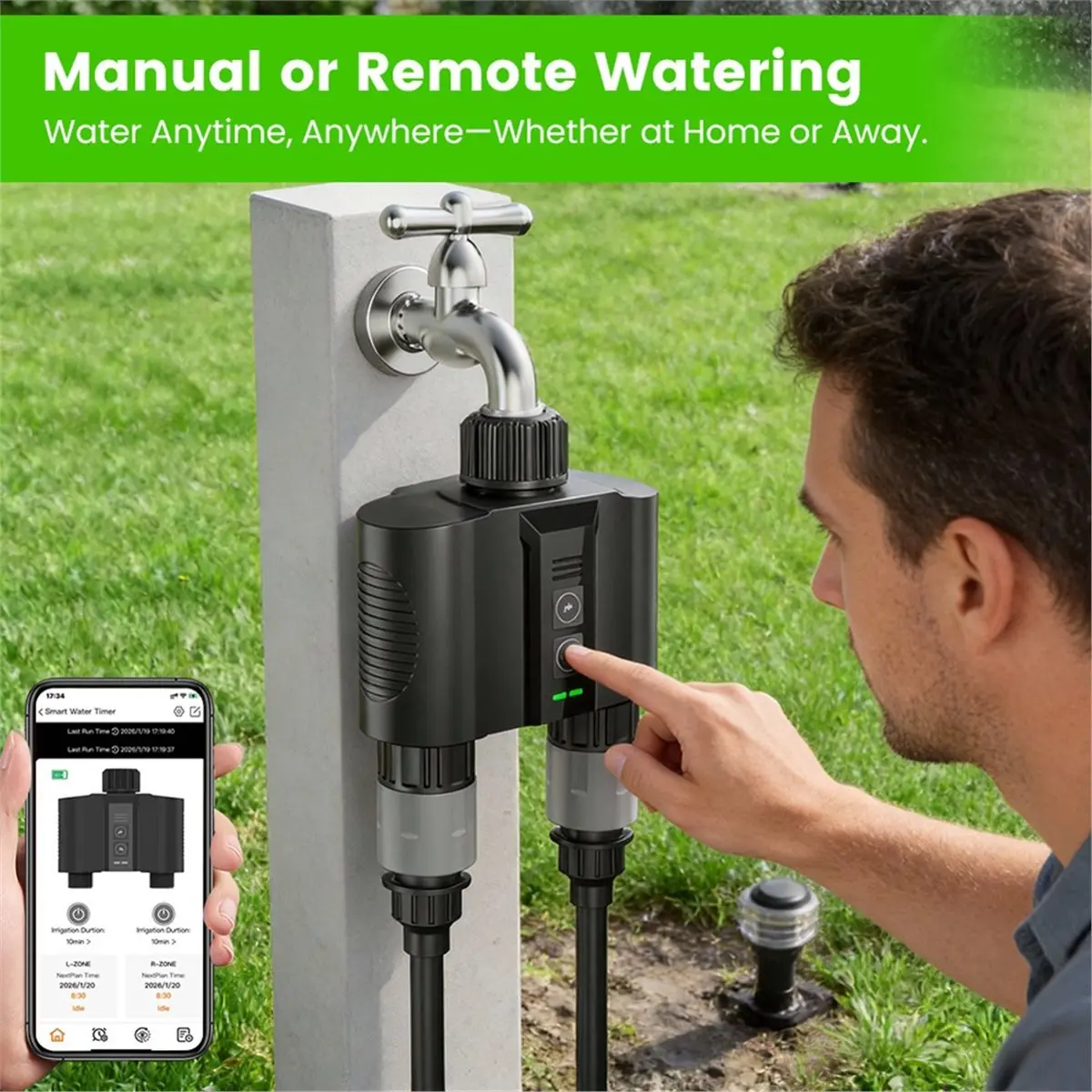 Y17A 1 Set WiFi Water Timer for Garden Hose,Sprinkler Timer with 2 Outlet for Lawns and Yard, Rain Delay/Remote/Manual Faucet view 3