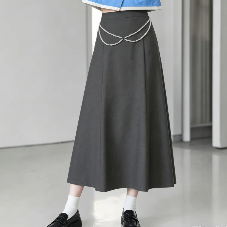 Women Ladies A-line Midi Skirt High Waist Flowy Swing Skirt With Detachable Pearl Chain Elegant Skirt For School Daily Wear 2026