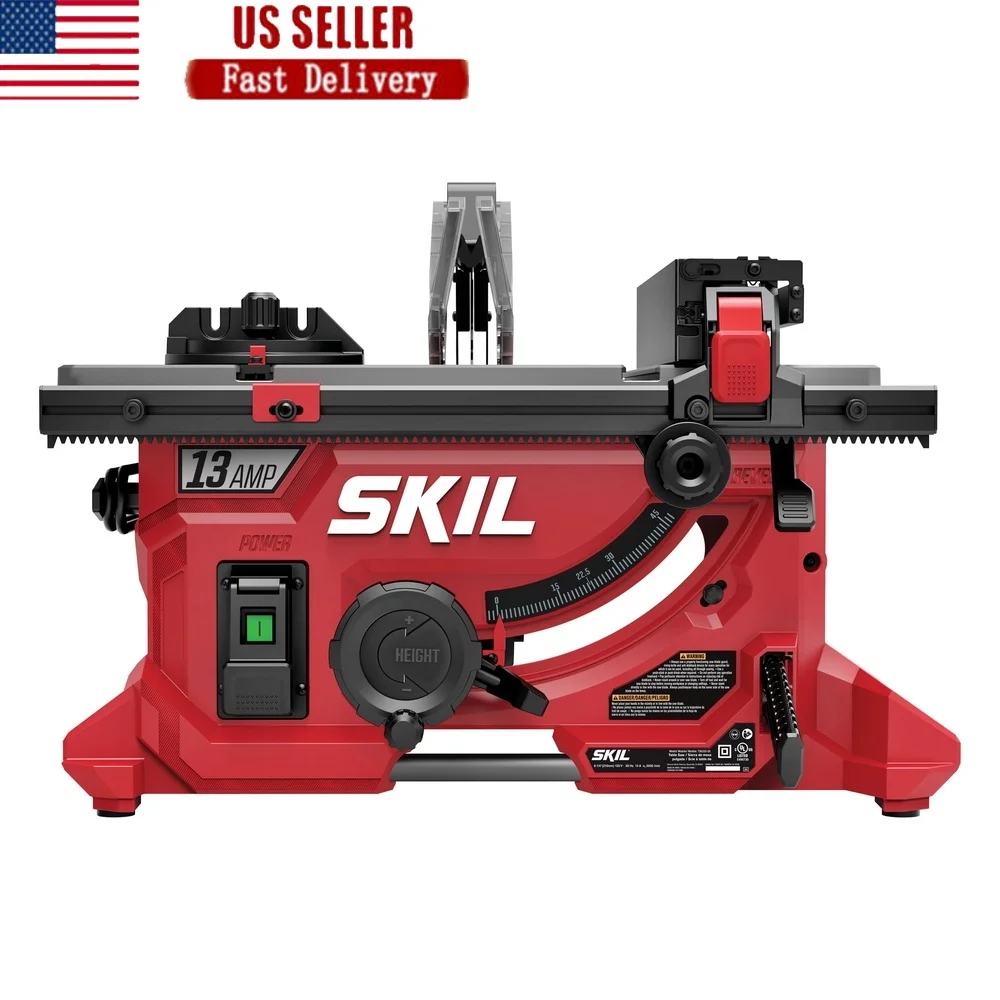 Serra de mesa portátil compacta para local de trabalho, com rack e pinhão, porta de poeira, cotovelo, medidor de esquadria, interruptor de segurança 120v 13amp