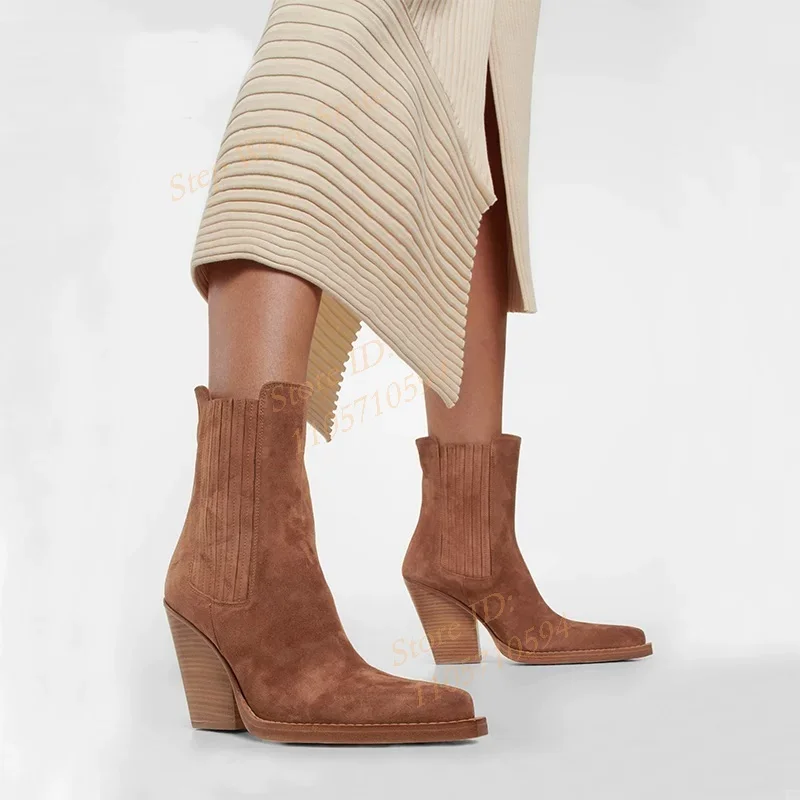 Pointy Toe Chunky Heel Suede Ankle Booties Slip On Excellent Quality 2026 New Arrivals Retro Casual Block Heel Chelsea Boots