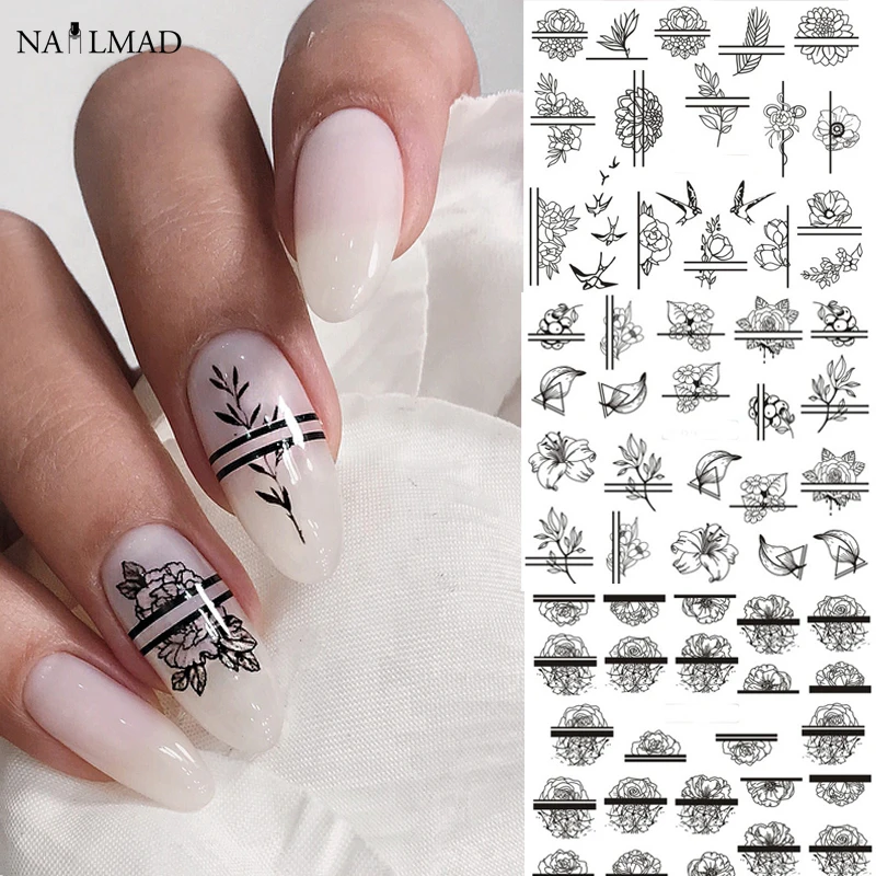 

12patterns Black Flower Slider Nail Sticker Flower Water Transfer Decals Nail Art Tattoo Summer Salon Tips Nail Accessories