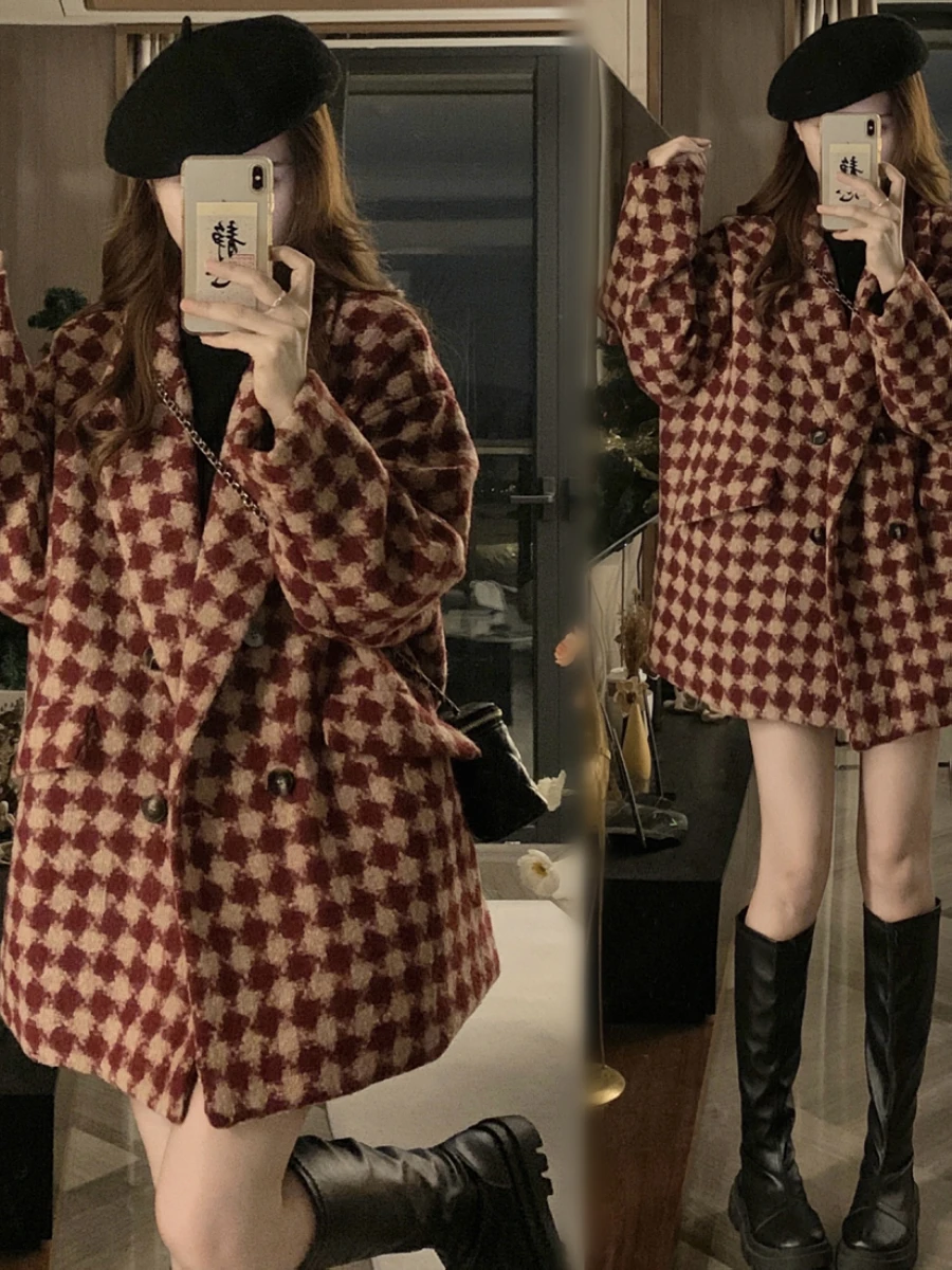 Red Plaid Thiened Woolen Suit Jaet for Women Autumn Winter New Sle Street Faion Large Size Korean Version Commute Pat...