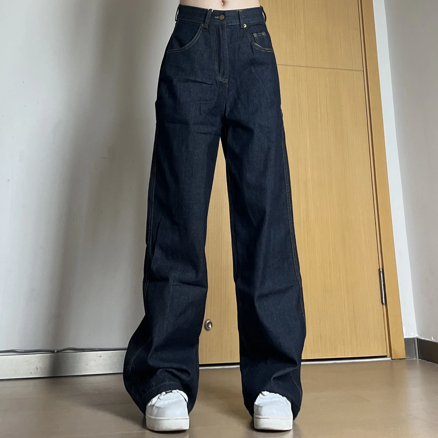 

Loose Casual Deep Blue American Sle Straight Leg Jeans CleanFit Long Pants Wear Resistant Straight Foot Opening Zipper