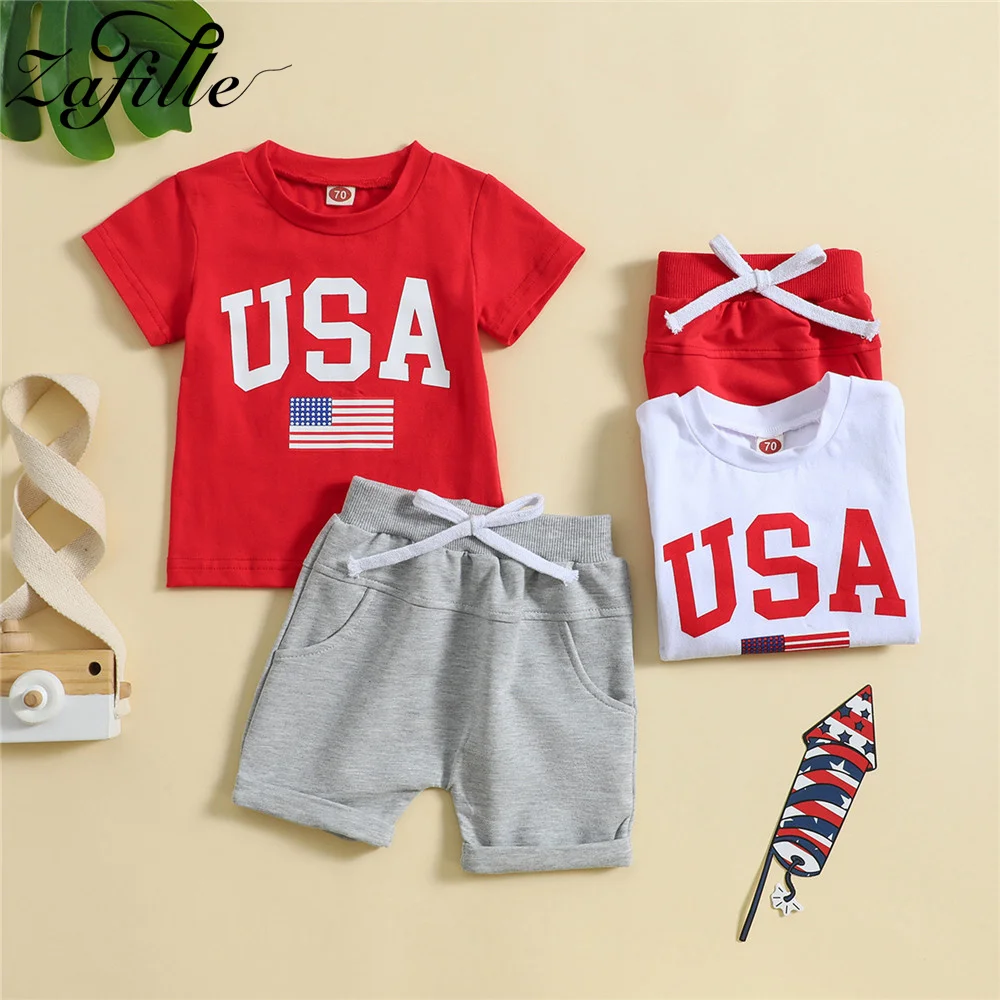 

ZAFILLE 4th For July Outfits For Boys Clothing Summer Baby Clothes Set Letter Print Festival Party Toddler Costume Girls Suits